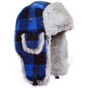 BLUE WOOL PLAID/GREY RABBIT FUR